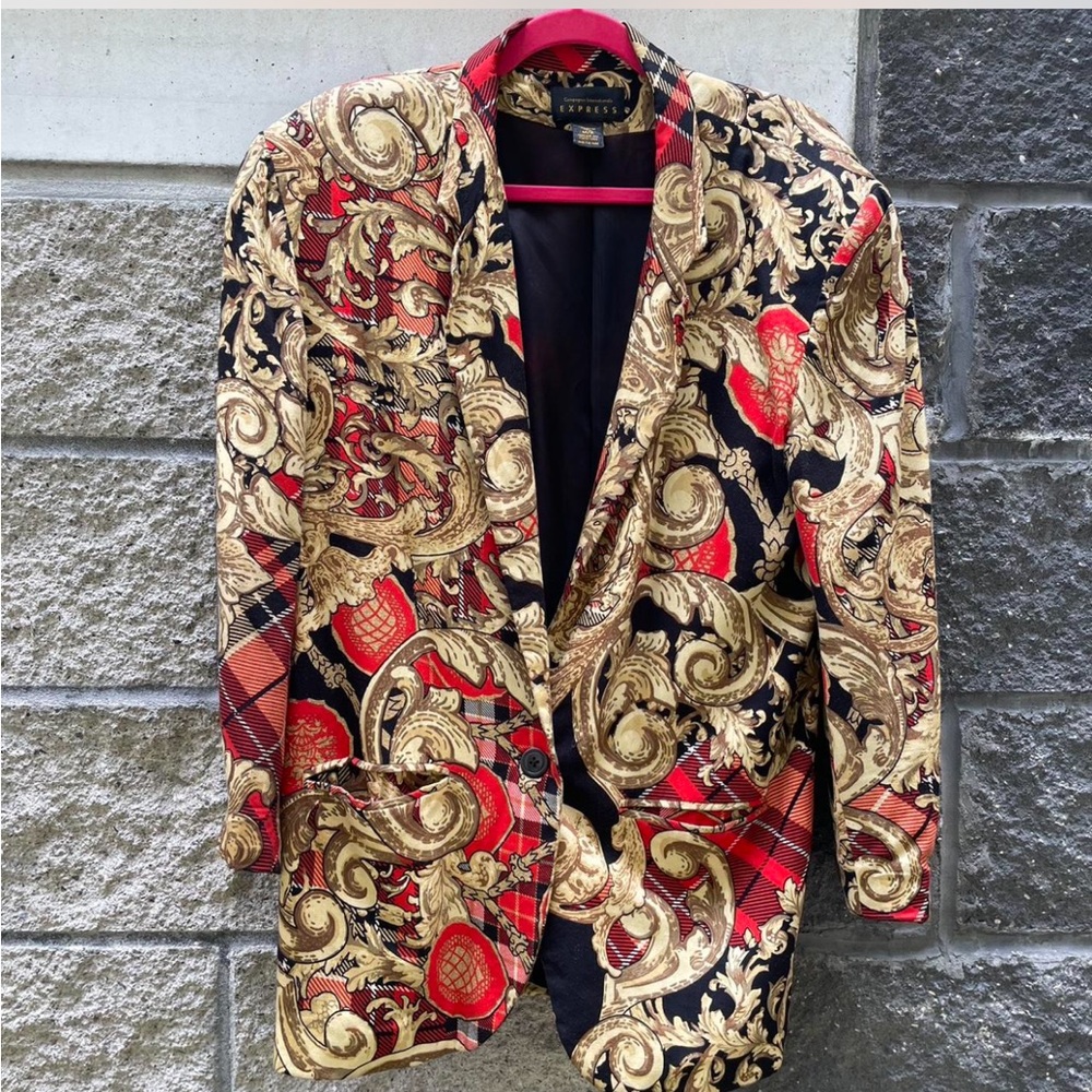 Vintage 90s Express Blazer Oversized Shoulder Pads Baroque Pattern size Medium